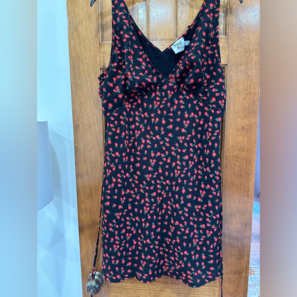 Princess Polly Black Mini Dress with Red Floral Print